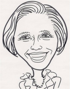A drawing in black pen of Livia´s smiling face, short channel hairstyle, earrings and necklace, blouse with ruffles around the neck.