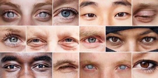 Montagem fotográfica com 12 recortes de olhos abertos, alguns entreabertos: verdes, azuis, castanhos e esbranquiçados, de pessoas brancas, negras e orientais. 