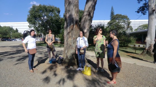 Fotografia colorida de algumas pessoas em pé embaixo de uma árvore, usando fones de ouvido e receptores, dentre elas Andréia Paiva, Cristiana Cerchiari, Ana Terra e Mari Dessordi.